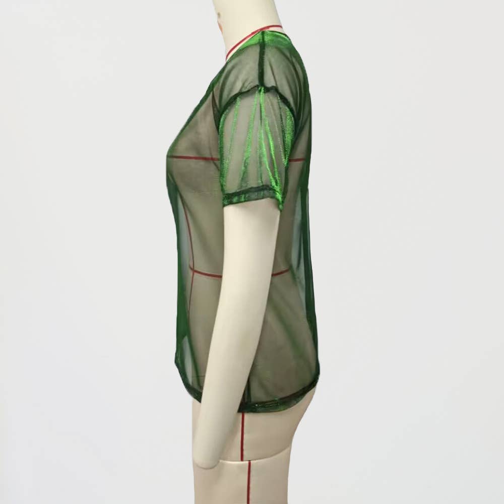 Sexy Sheer Holographic Mesh Short Sleeve Tee