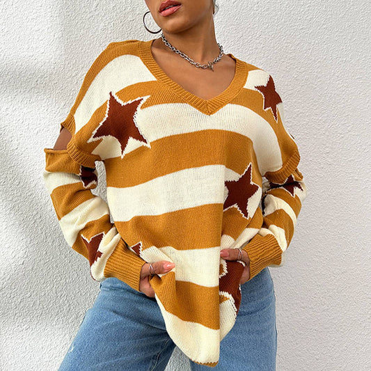 V-NECK PATCHWORK LONG SLEEVE STRIPED SWEATER