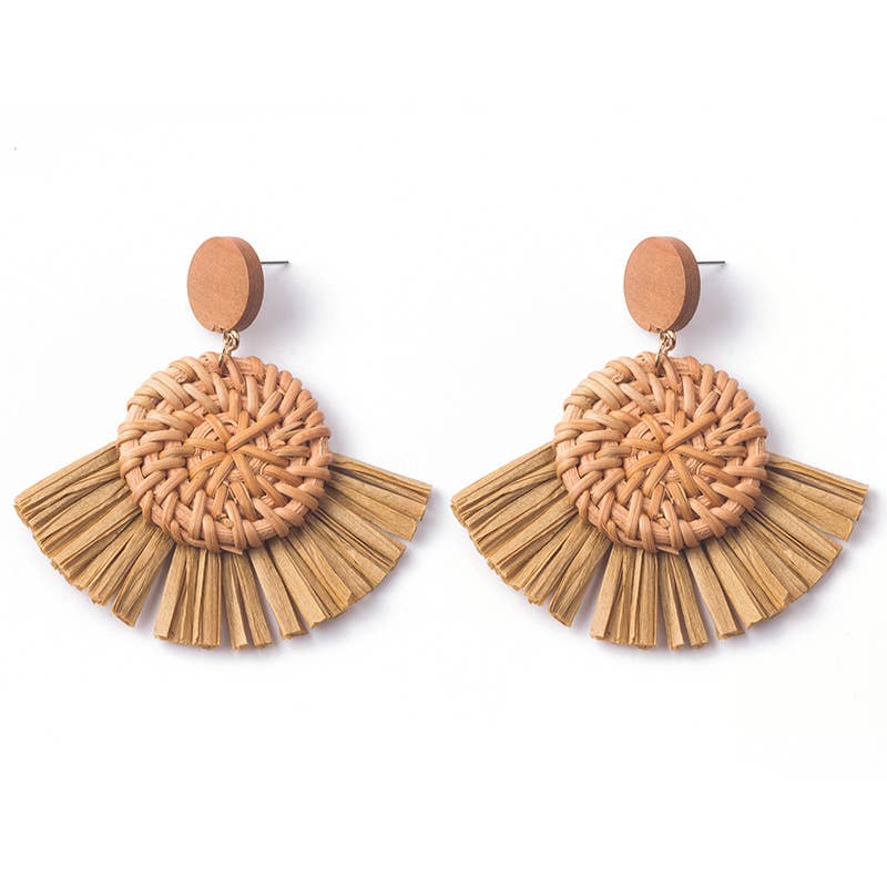 Hand-woven geometric rattan raffia earrings