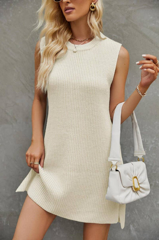 ROUND COLLAR SHORT FASHION SPLIT KNITTING DRESS_CWDSD2848