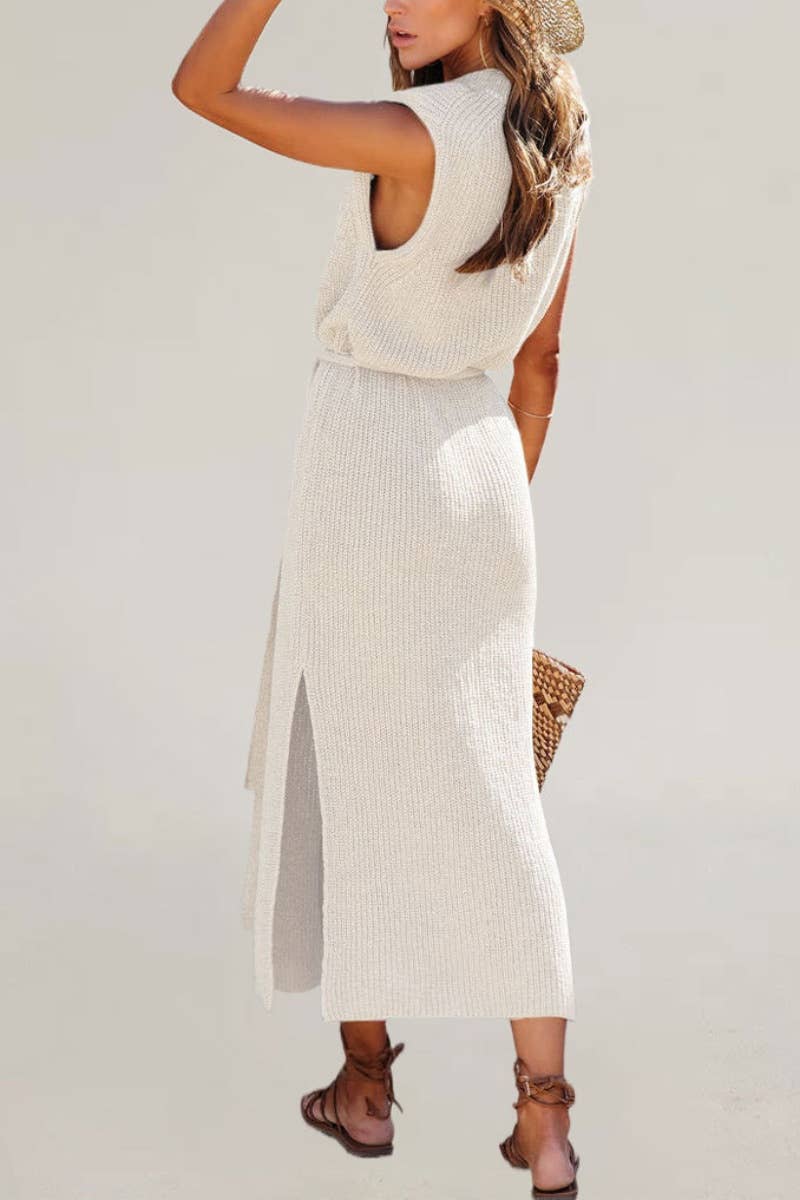 CWDMD2089_CREW NECK SLEEVELESS LACE-UP DRESS WITH SLIT