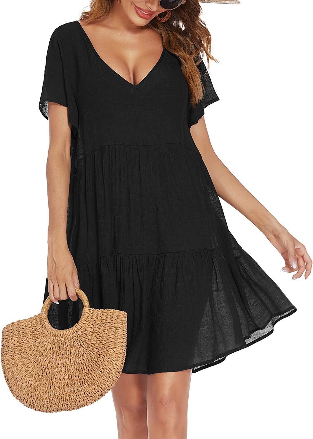 Solid color dark V-neck translucent smock dress