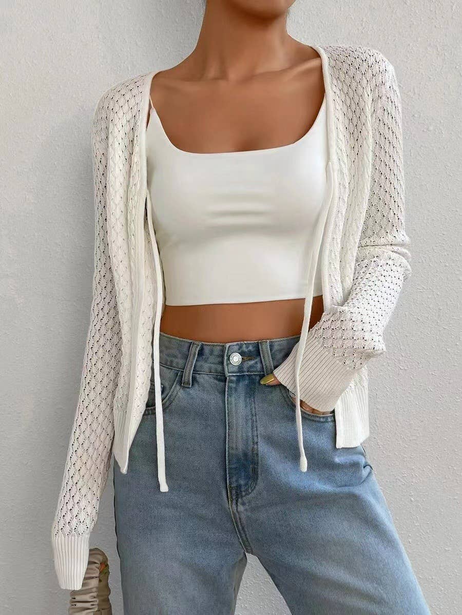 Lace-up cutouts long-sleeved knitted cardigan