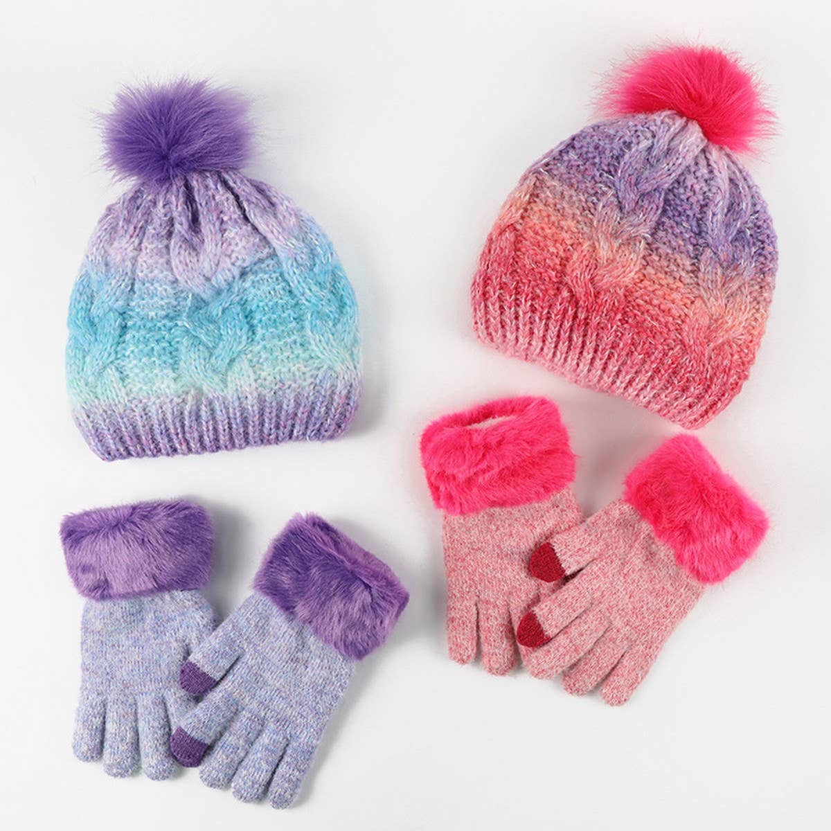 CHILDREN'S FUR BALL HAT AND GLOVES TWO-PIECE SET