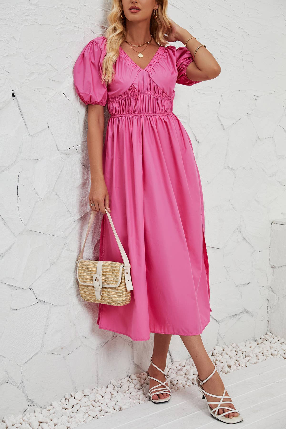 LOOSE TUNIC SKIRT V-NECK SHORT-SLEEVED DRESS