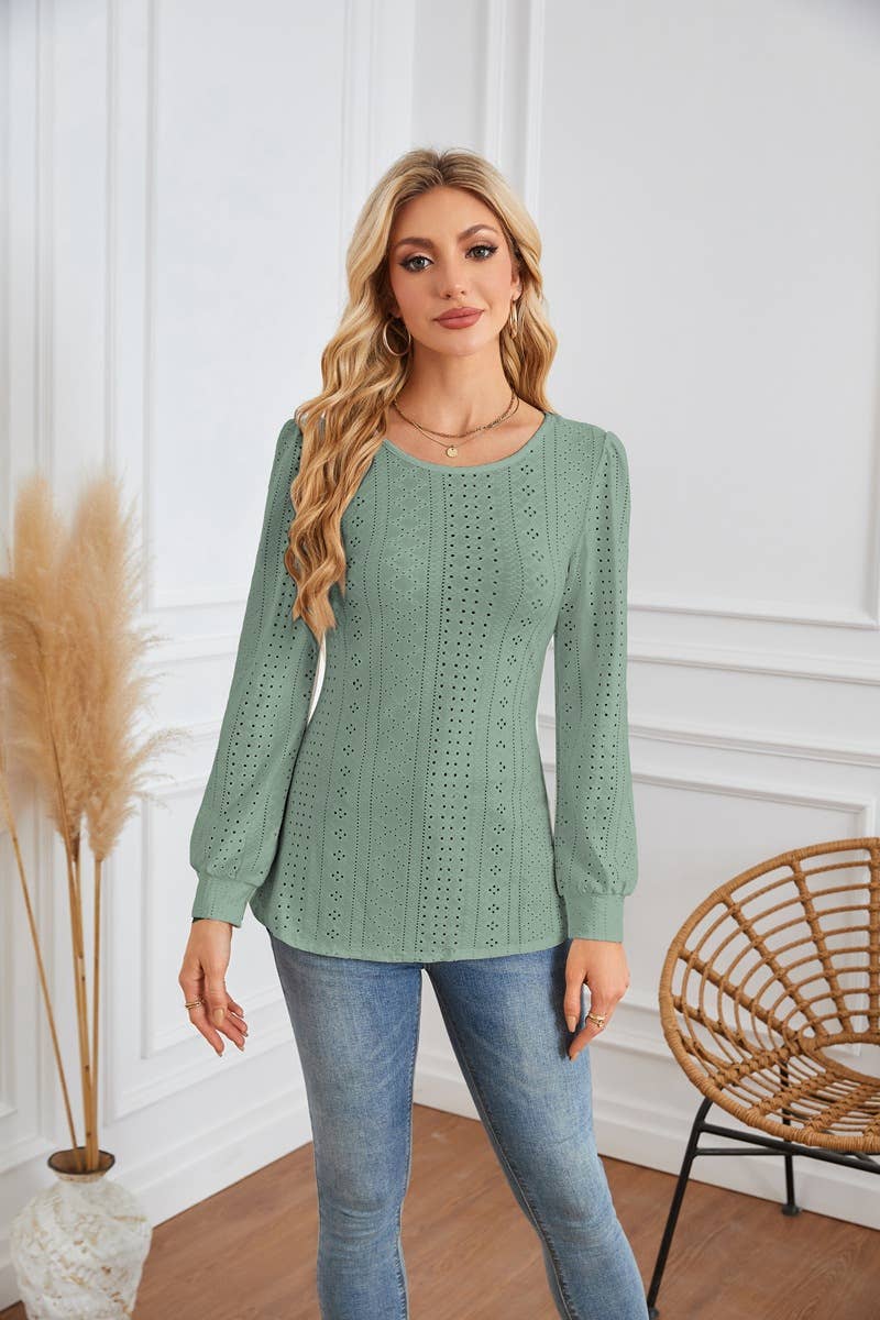 ROUND NECK T-SHIRT WITH HOLES AND PUFFY SLEEVES