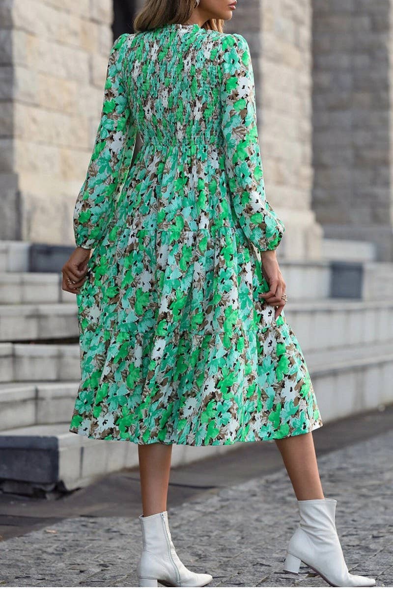 CWDMD4099_PRINTED PLEATED LONG SLEEVE CAKE DRESS