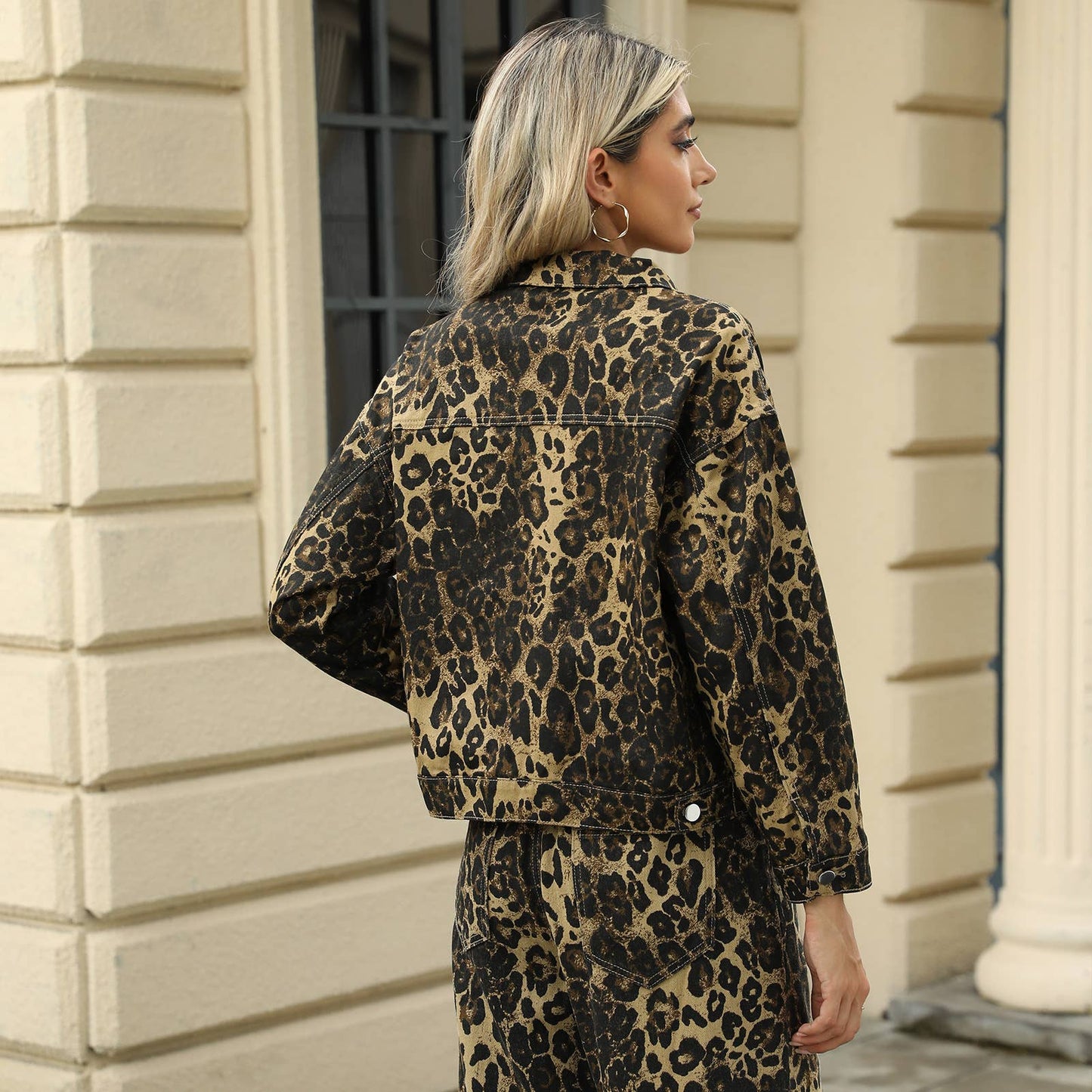 WASHED FASHION LEOPARD PRINT DENIM JACKET