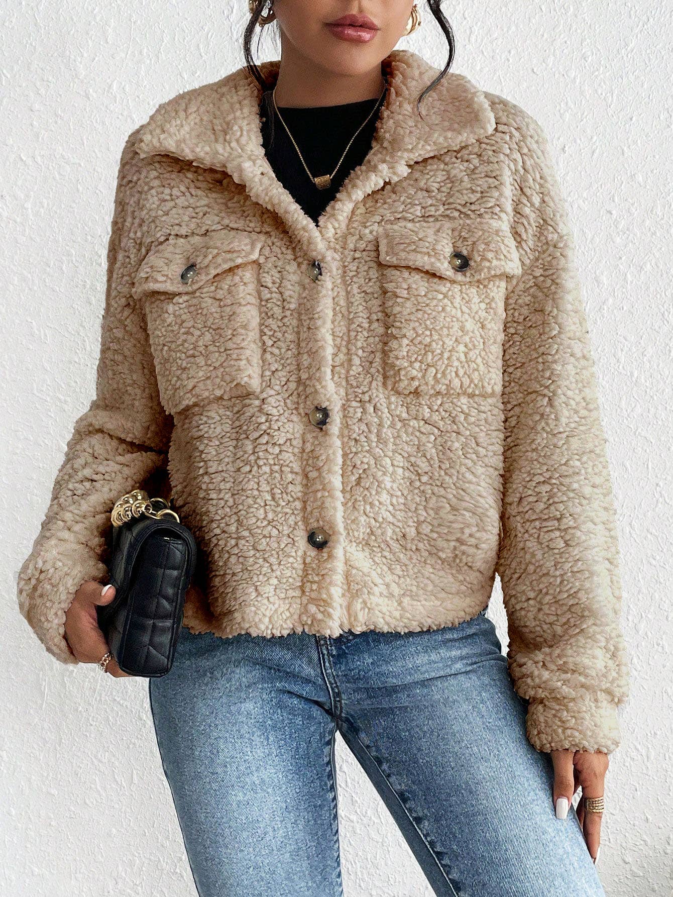 Short single-breasted lapel plush jacket