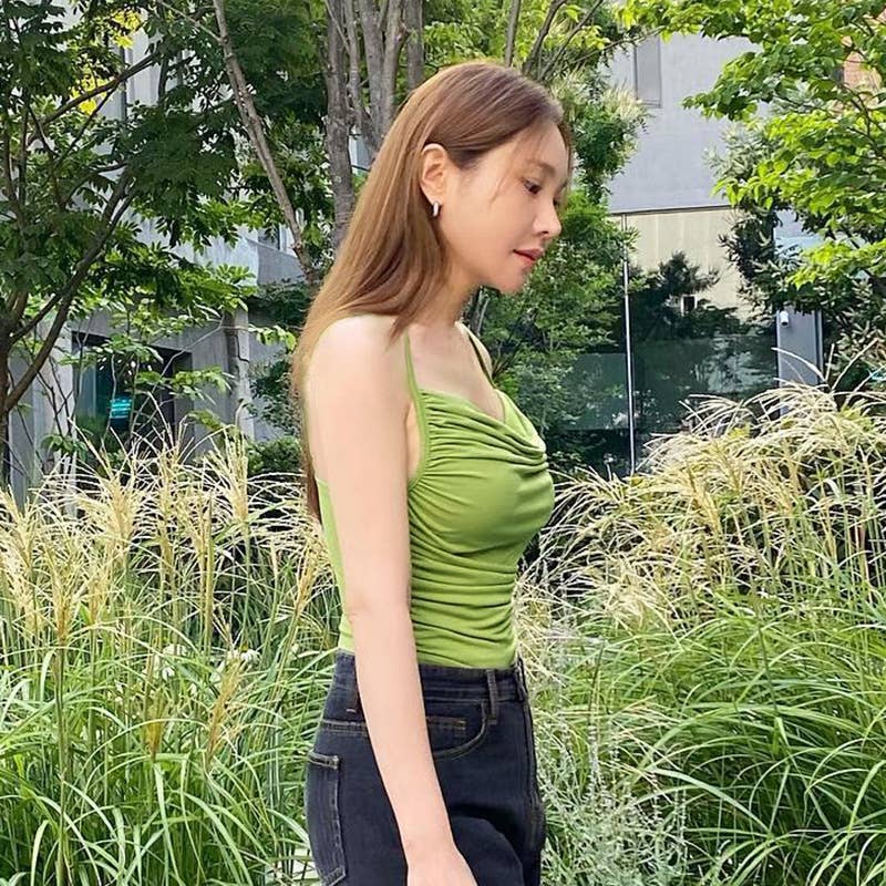 Slimming solid-color halter strap with a neckline