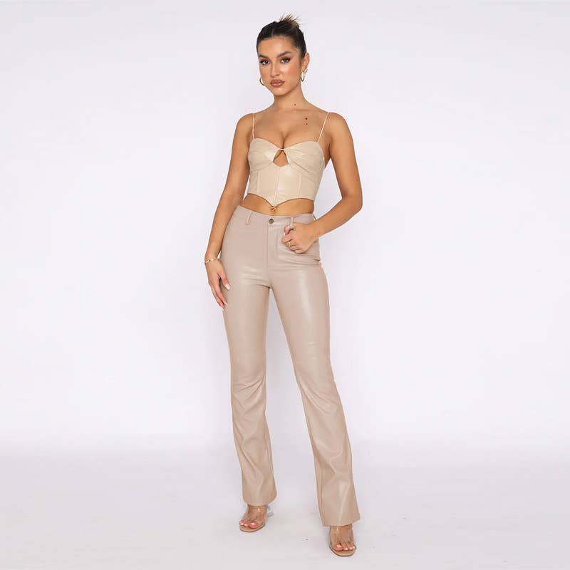SOLID COLOR PU LEATHER SLIM MICRO-CROPPED PANT