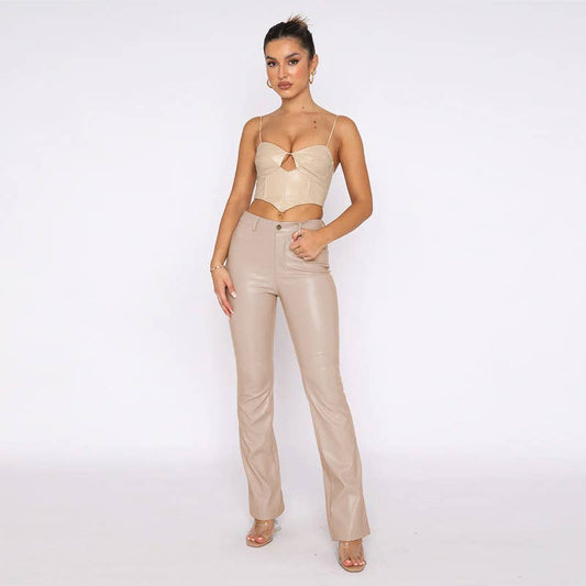 SOLID COLOR PU LEATHER SLIM MICRO-CROPPED PANT