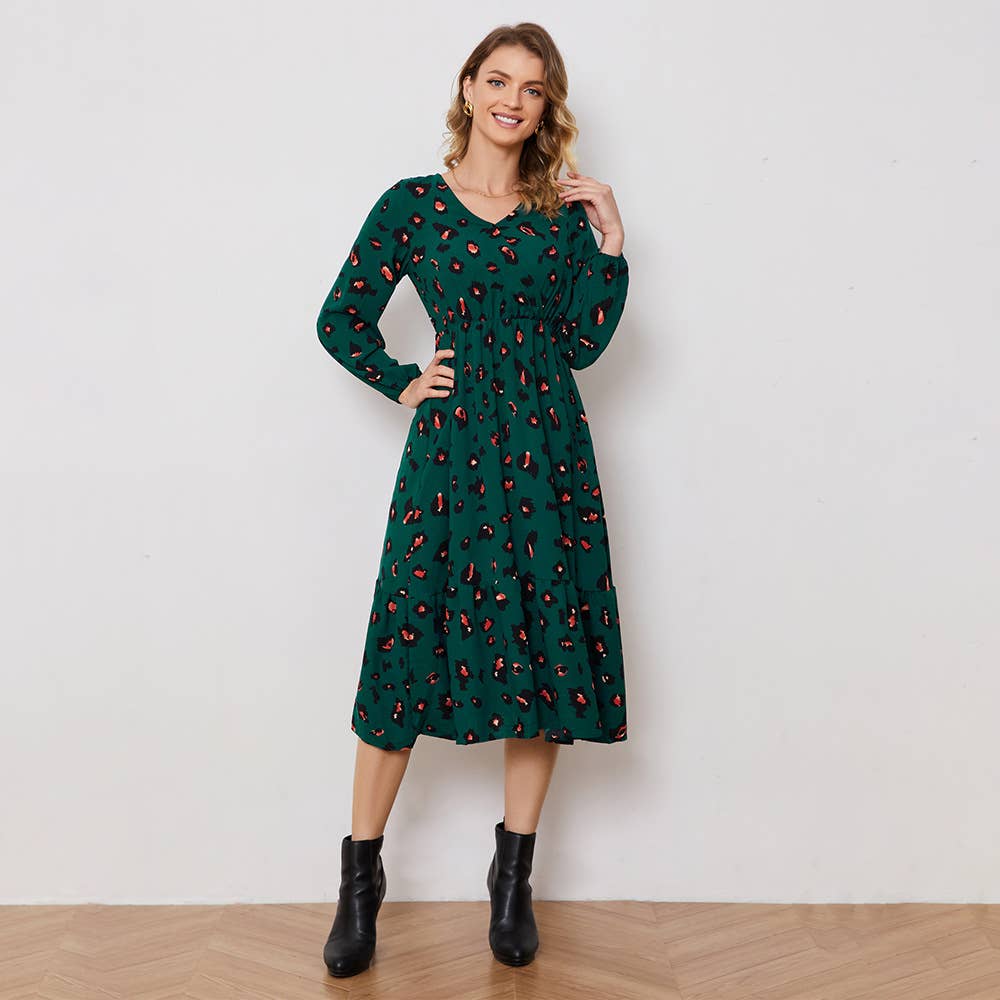 HOLIDAY STYLE V-NECK PRINT LONG-SLEEVED DRESS