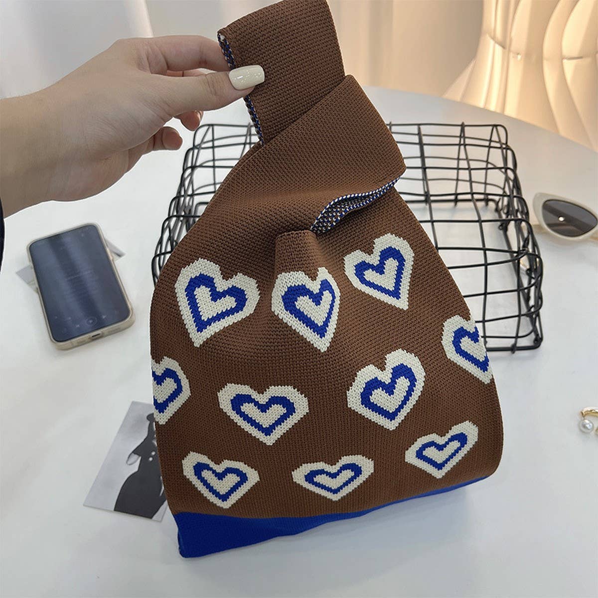 CUAB00622_CHECKERED KNIT SHOULDER BAG WOMEN WOVEN PURSE