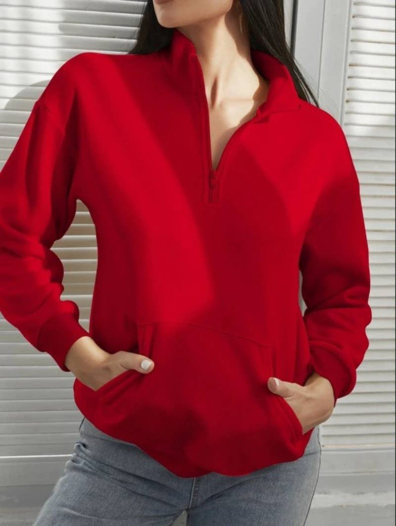 SOLID COLOR HALF ZIP POCKET STAND COLLAR HOODIE
