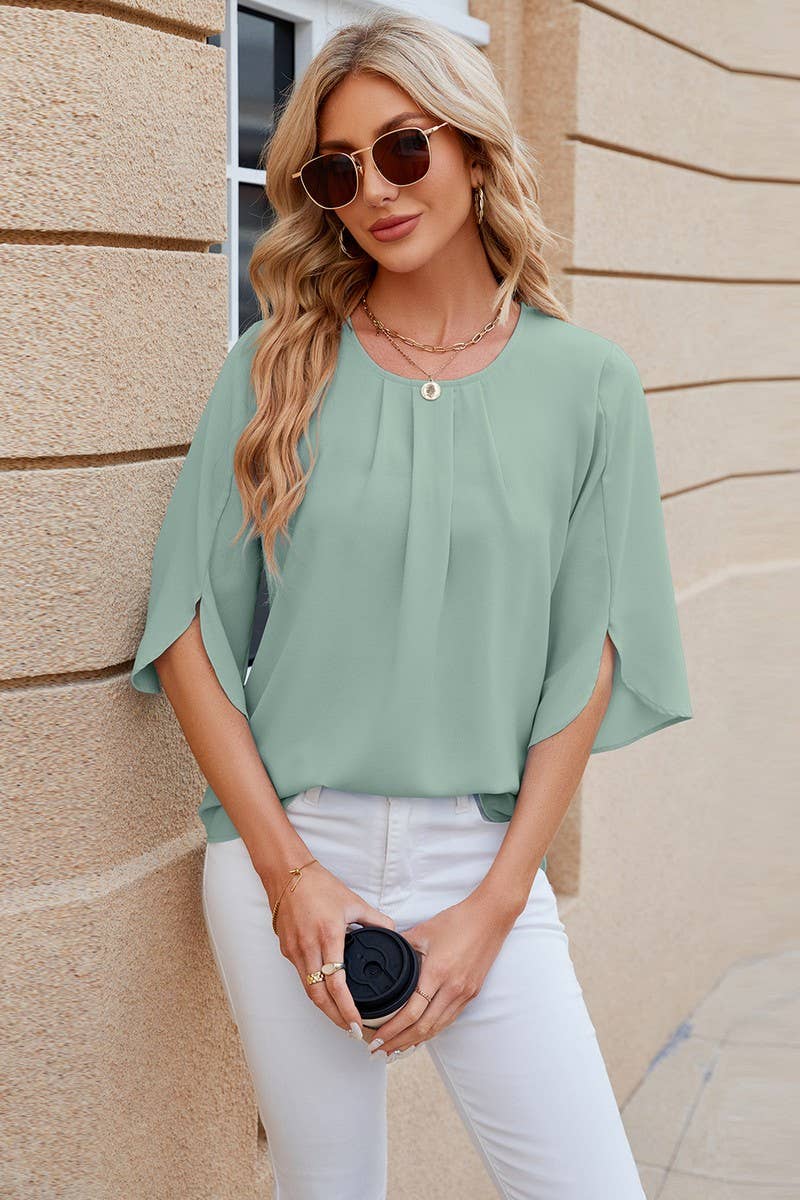 Cwtts0764_Round Neck Short Sleeved Top