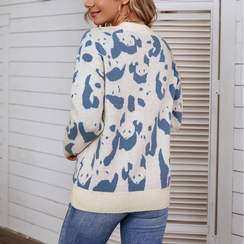 ROUND NECK COLOR CONTRAST PANDA PATTERN SWEATER