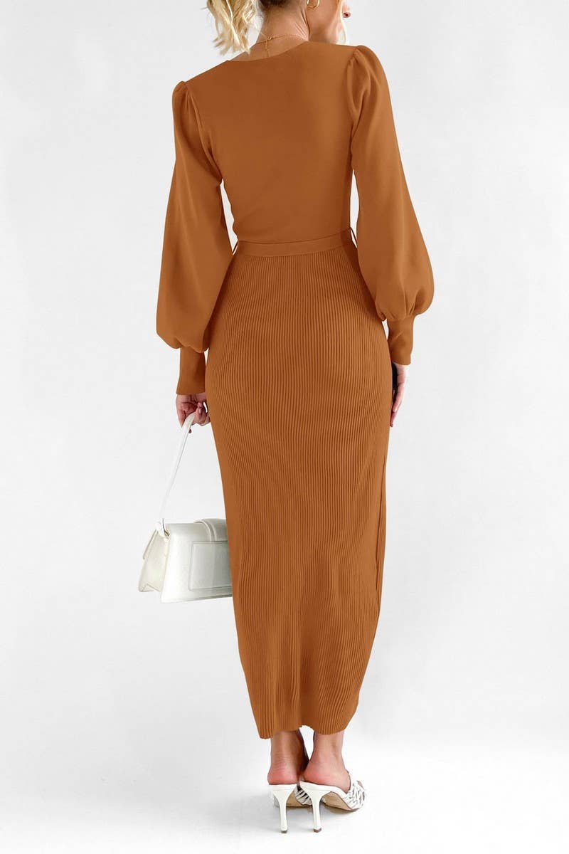 Lantern sleeve slim slim long solid color knit dress