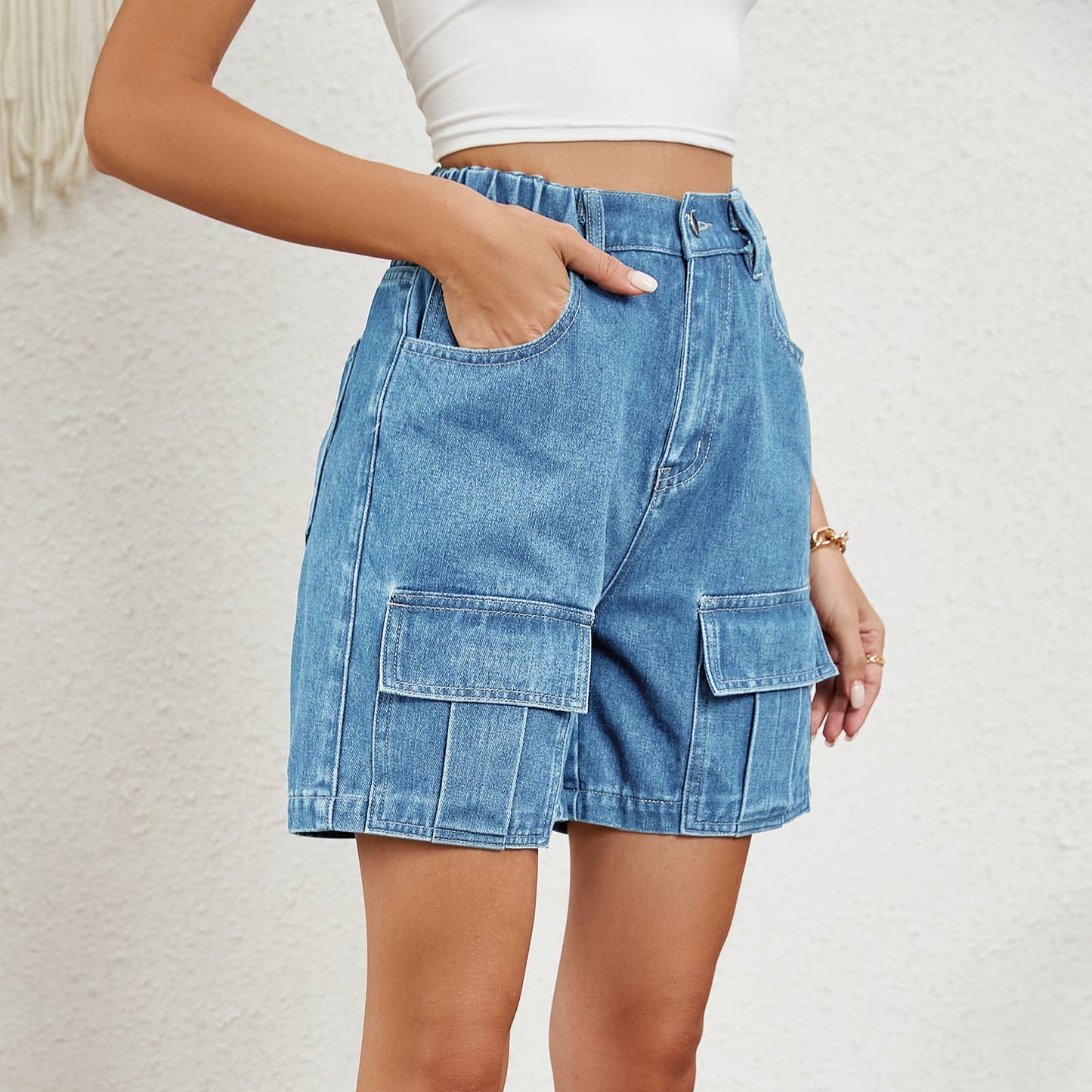 ELASTIC WAIST CARGO CASUAL DENIM SHORTS