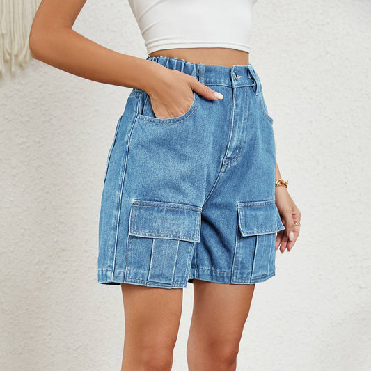 ELASTIC WAIST CARGO CASUAL DENIM SHORTS