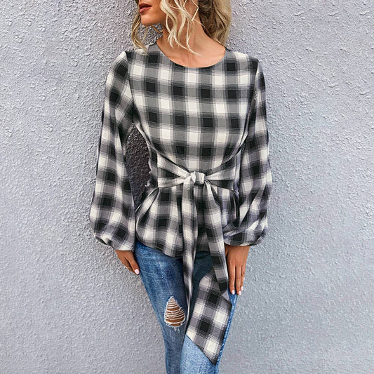 Plaid Crew Neck Loose Long-Sleeved T-Shirt