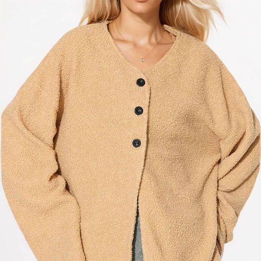 Round neck zipper plush solid color pocket casual cardigan