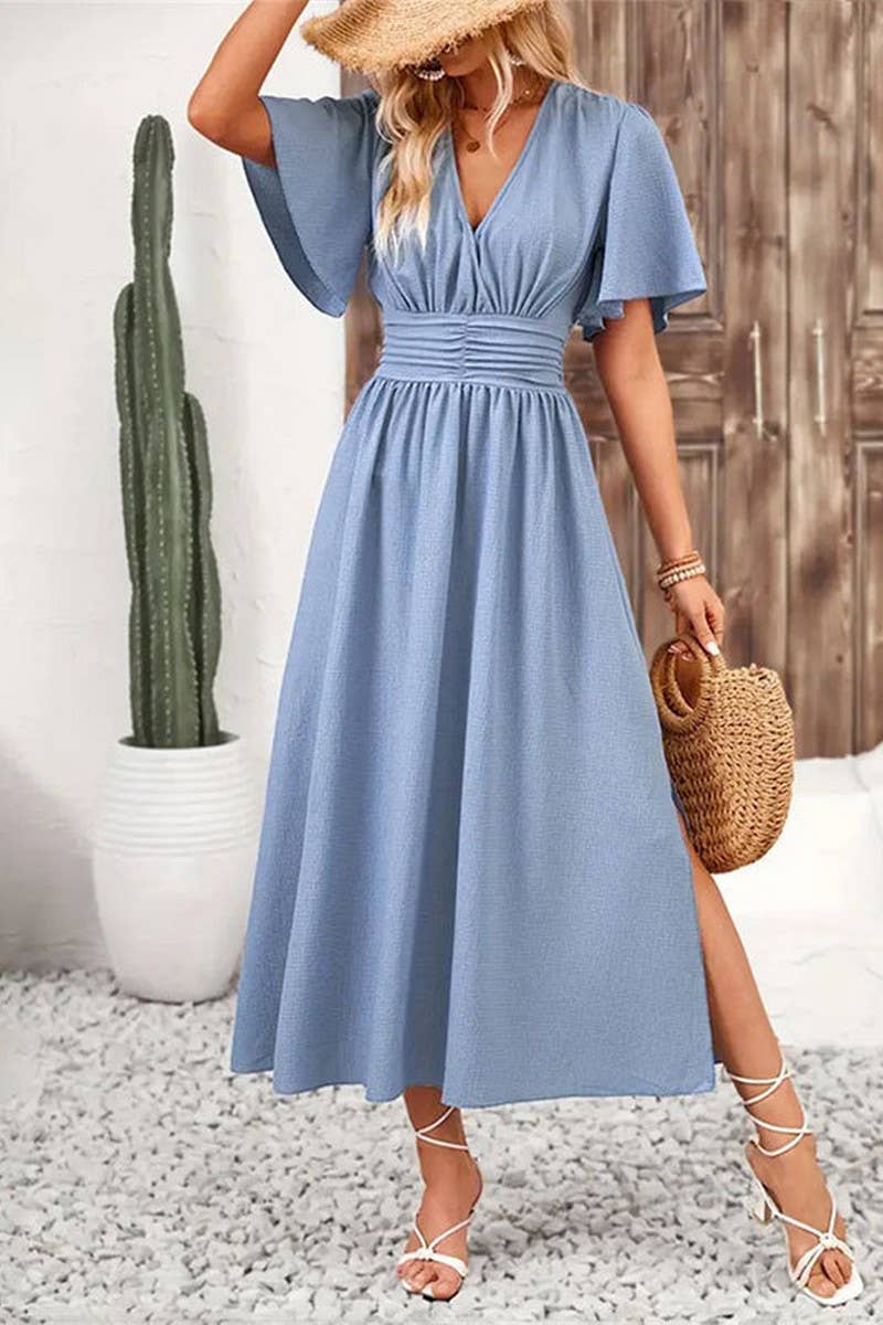 CWDMD4879_LOTUS LEAF SLEEVE SLIT ELASTIC WAIST DRESS