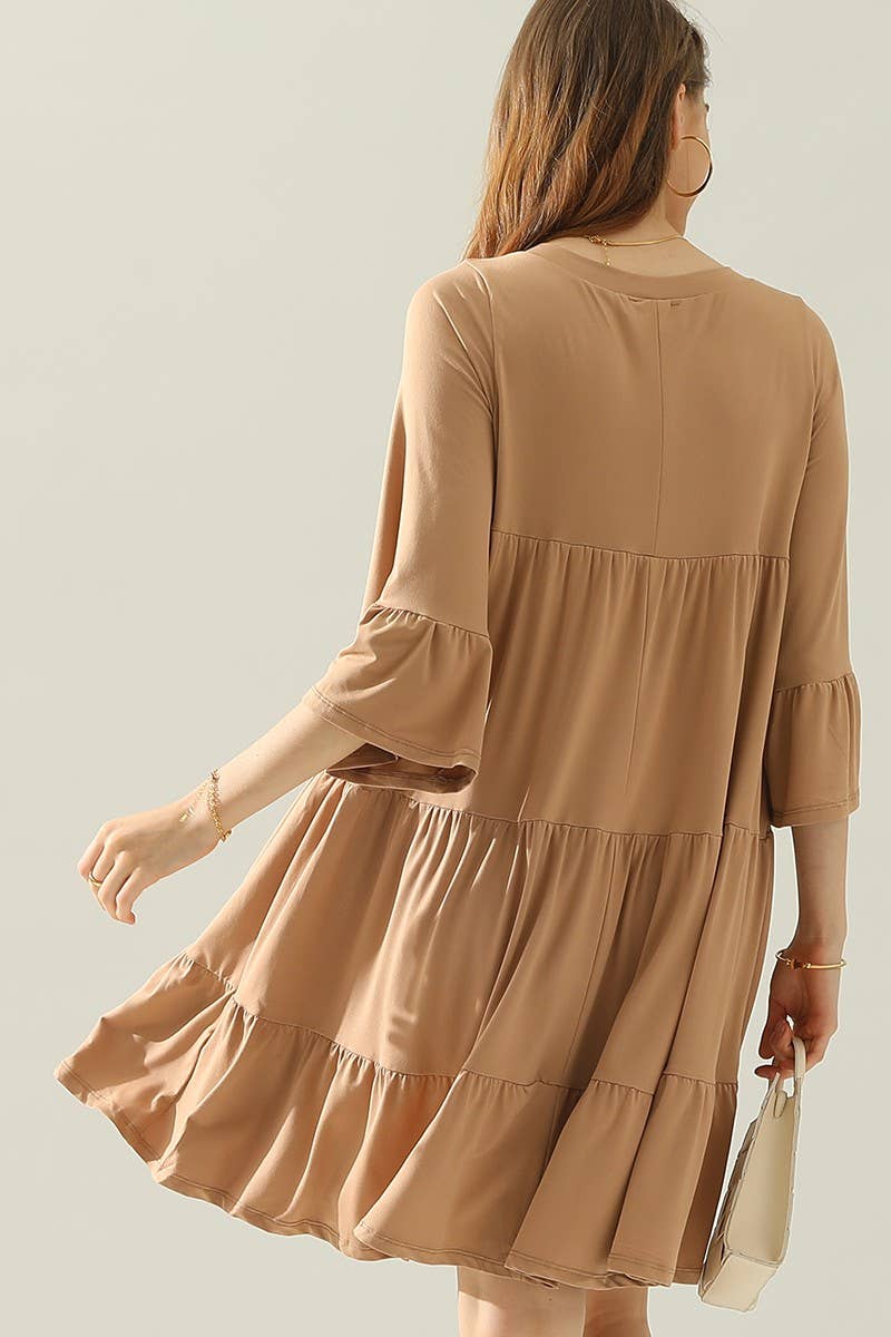 CWDSD10412_V NECK 3 TIERED RUFFLE DRESS WITH RUFFLE SLEEVE