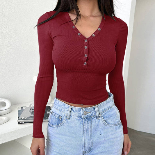 TEMPERAMENT SLIM SOLID COLOR LONG SLEEVE TOP