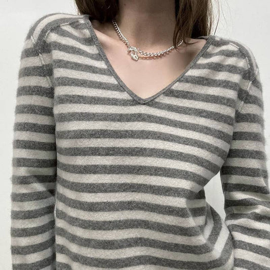 SIMPLE SLOUCHY STRIPED V-NECK SWEATER FOR GIRLS