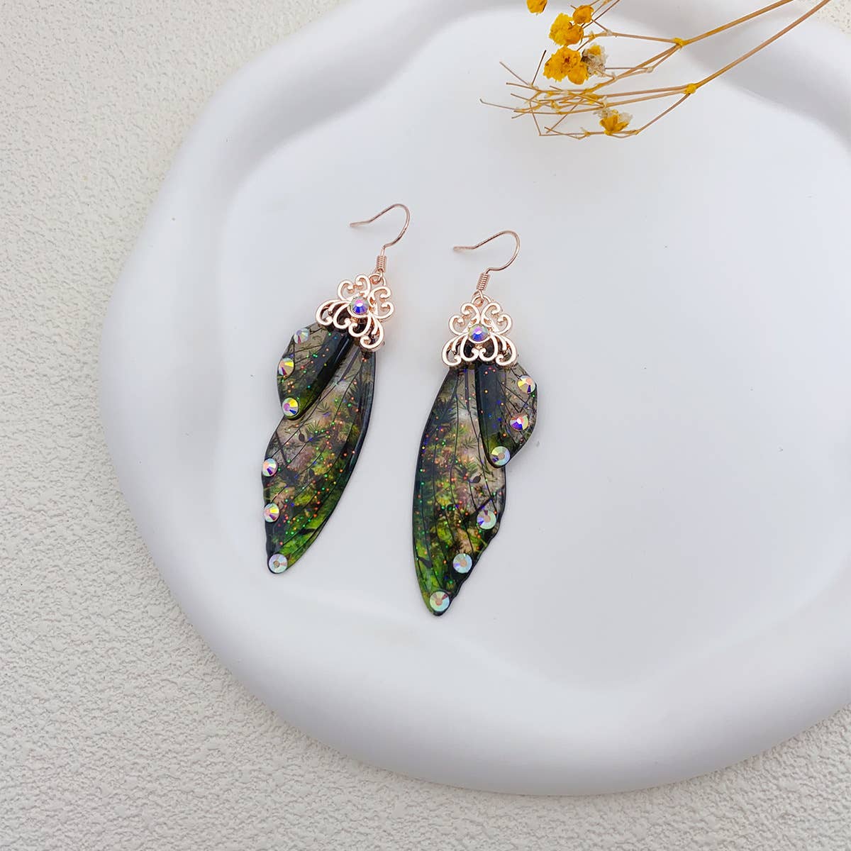Elegant long earrings with cicada wing wings