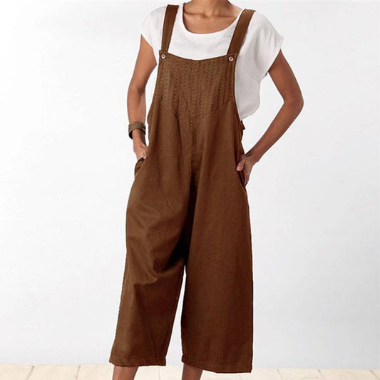 Solid color casual nine-minute wide-leg overalls
