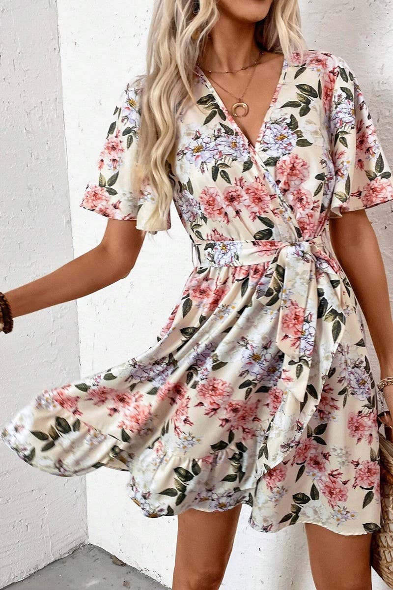 CWDSD6949_FLORAL PRINT V-NECK RUFFLE SLEEVES BELT DRESS