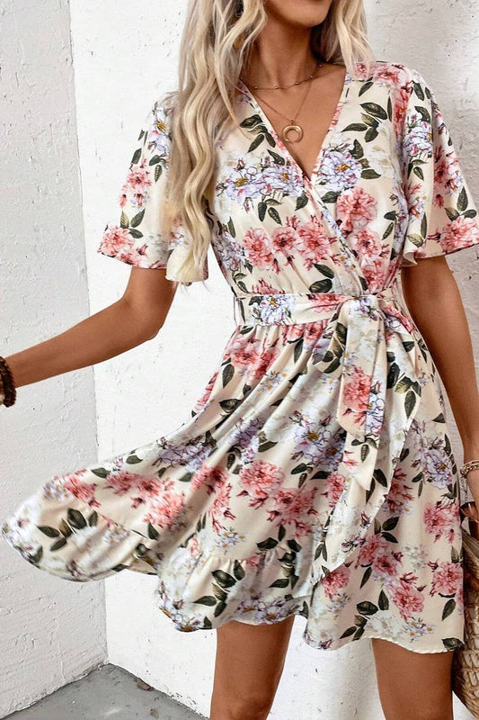 CWDSD6949_FLORAL PRINT V-NECK RUFFLE SLEEVES BELT DRESS