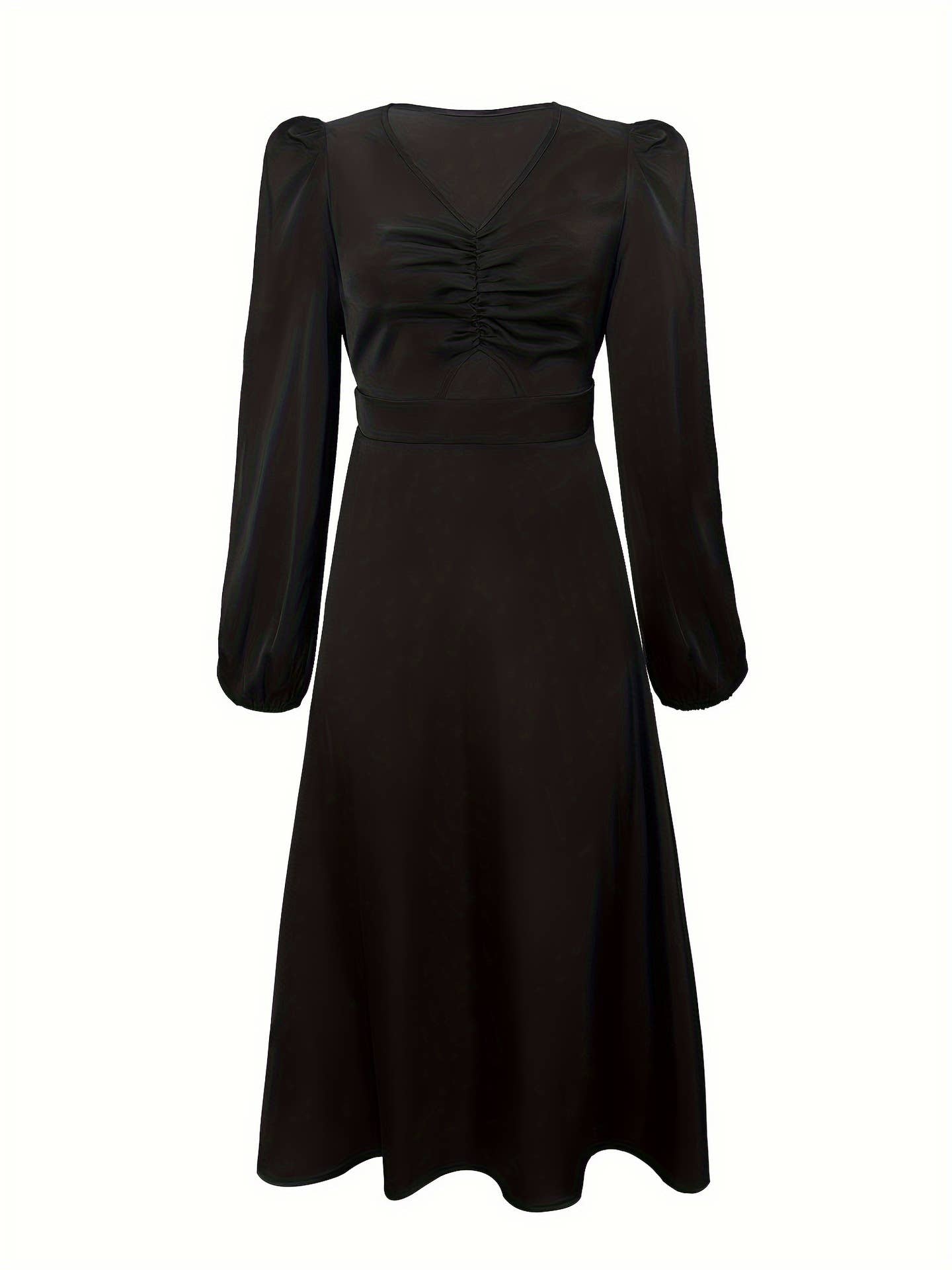 V-neck pleated ripped long-sleeved satin dress