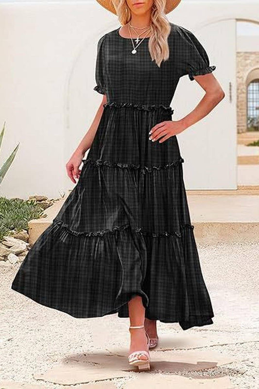 CWDMD6366_ROUND NECK PUFF SLEEVE RUFFLE PRINTED DRESS