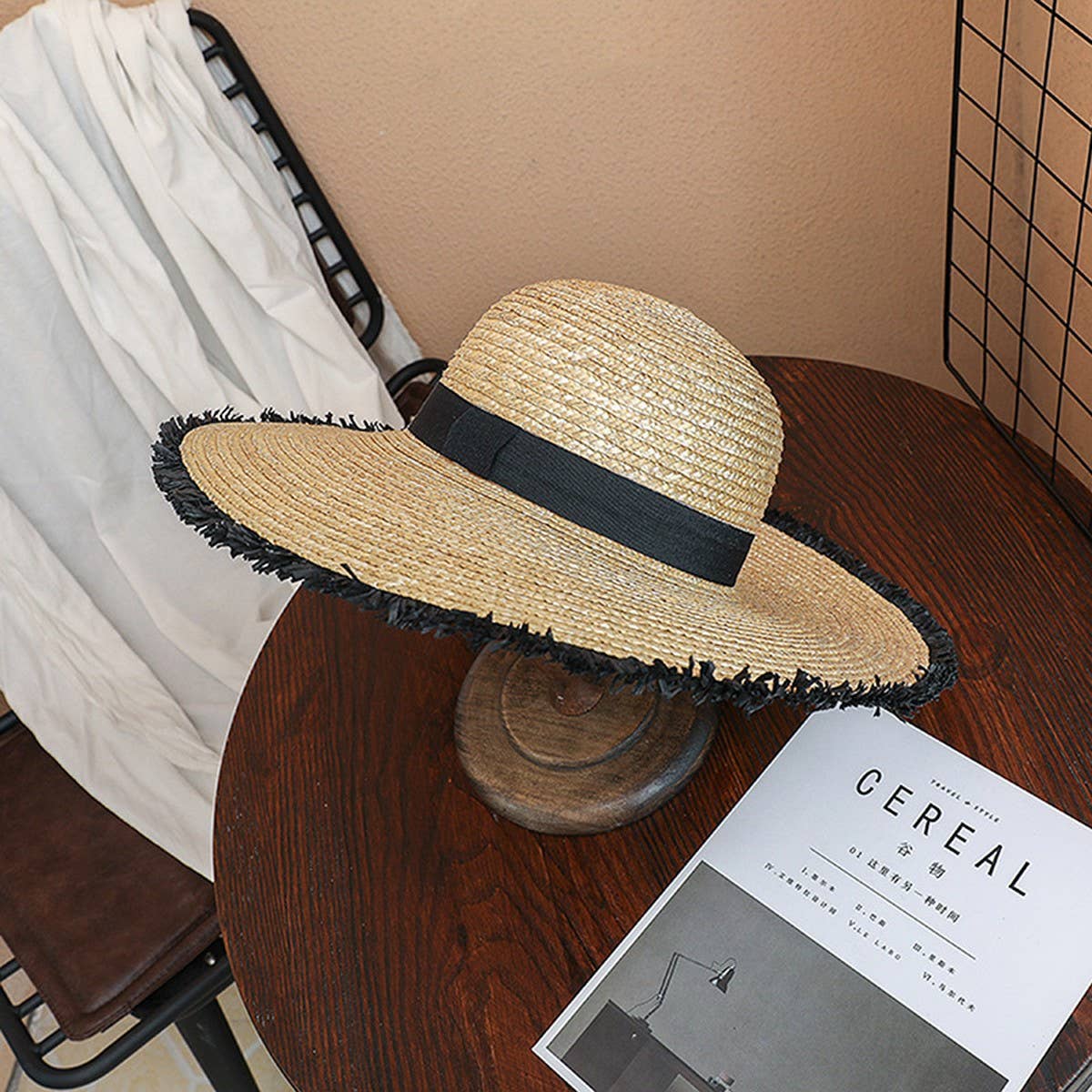 BLACK FUR EDGE OUTDOOR SHADING FASHION STRAW HAT_CWAH1173