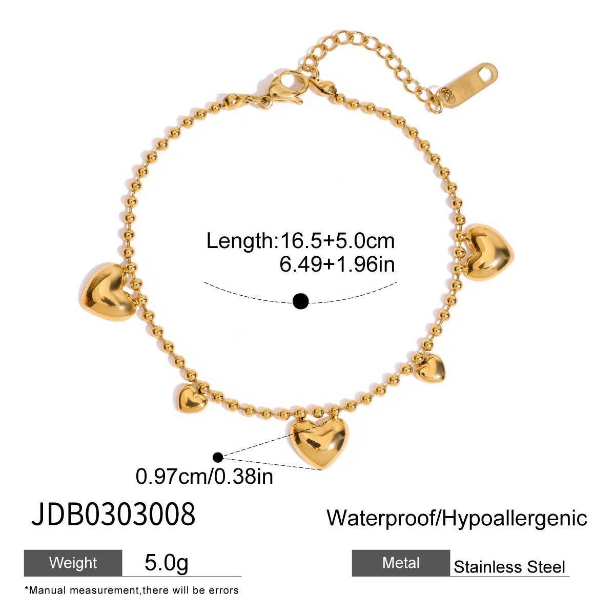 18K Gold Heart Bead Chain Bracelet, Titanium Steel_CWAJE4839
