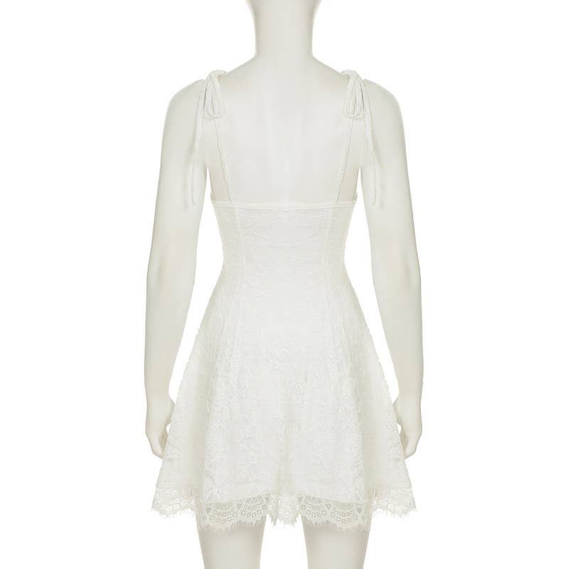 Vacation-style lace-trimmed halter short dress