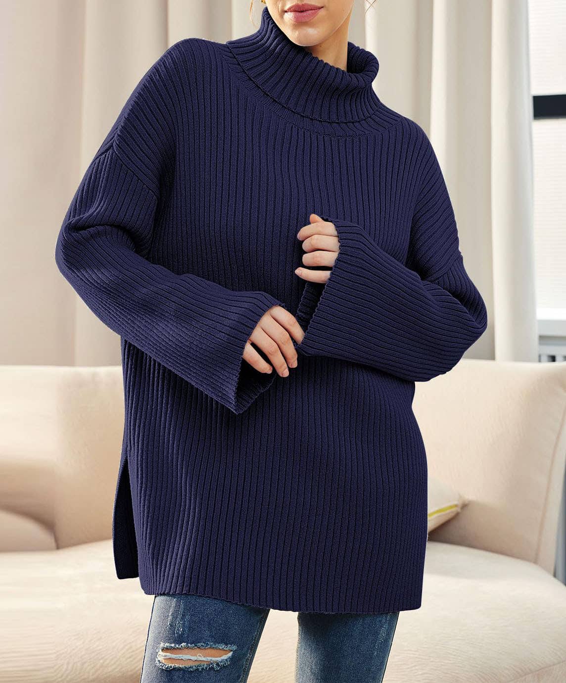 SPLIT TURTLENECK SOLID COLOR RIB KNIT SWEATER