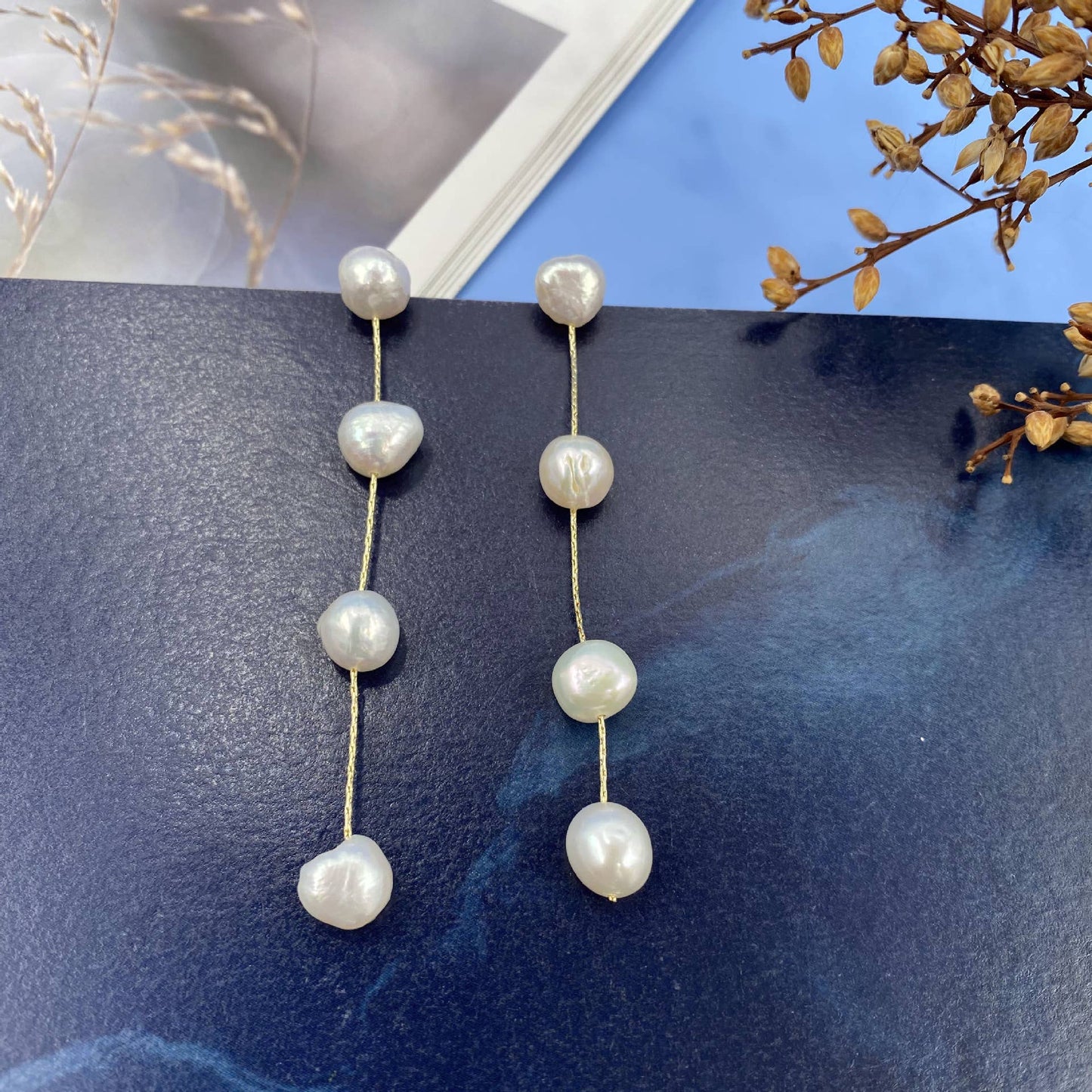 S925 Silver needle natural pearl long earrings