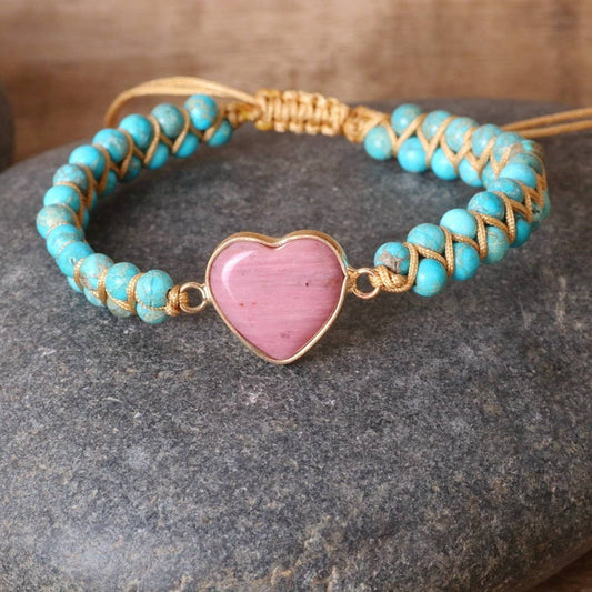 HEART SHAPED RHODONITE BRAIDED FRIENDSHIP BRACELET