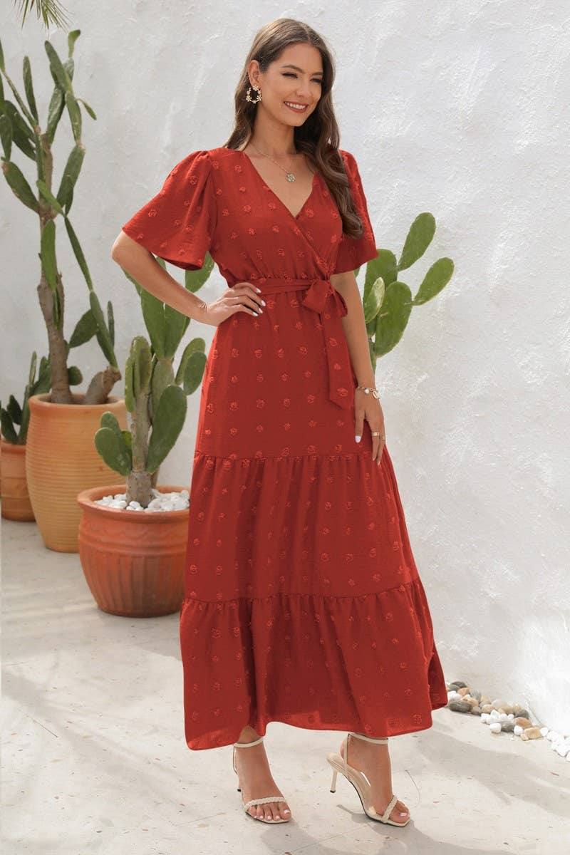 CWDMD2150_V NECK HIGH WAISTED SHORT SLEEVED LONG DRESS