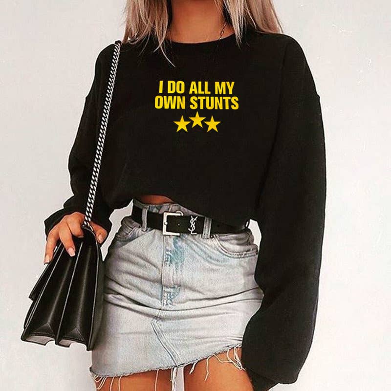 Round-neck printed long-sleeved crop top T-shirt