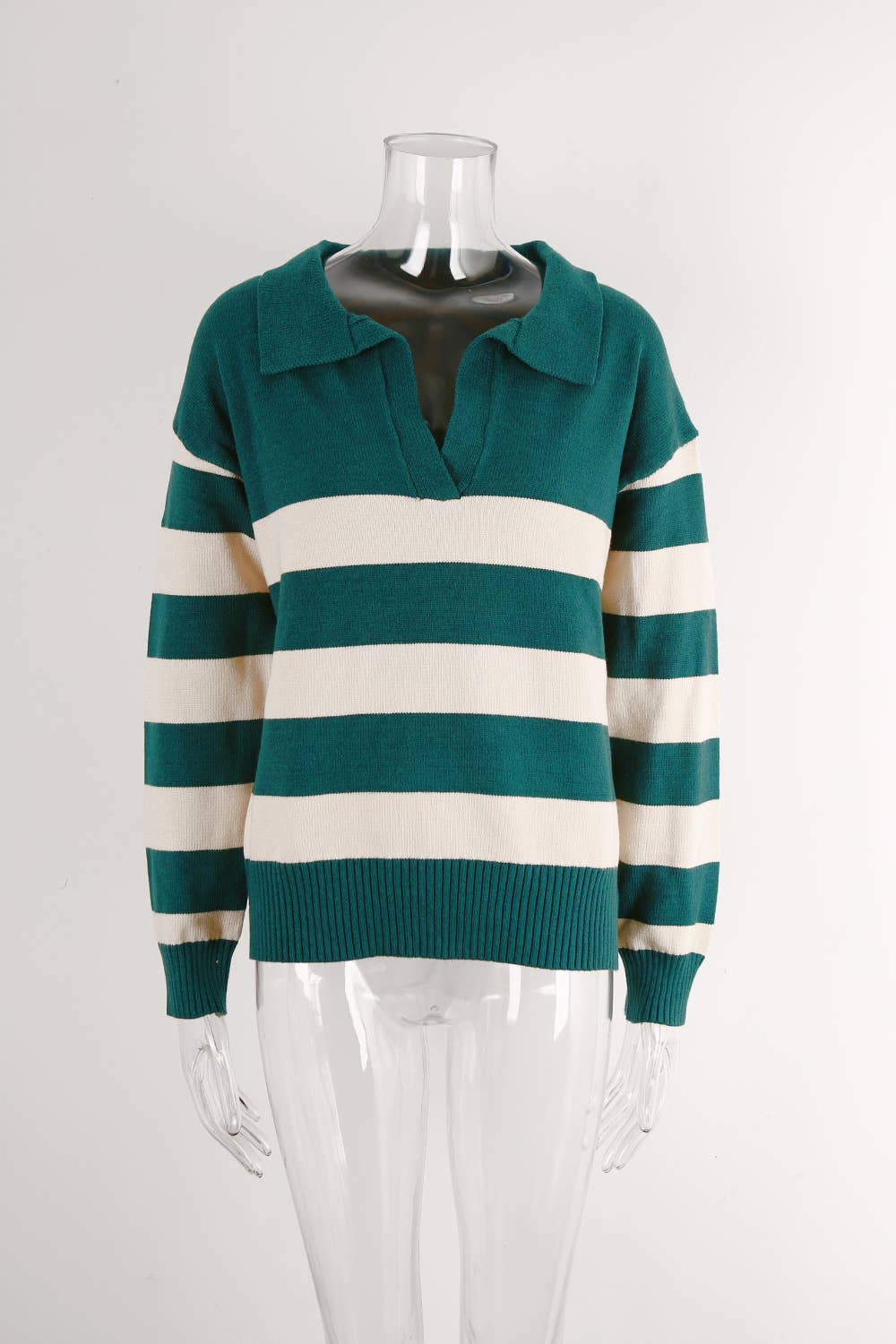 STRIPED PATCHWORK PLOL COLLAR SWEATER SWEATER