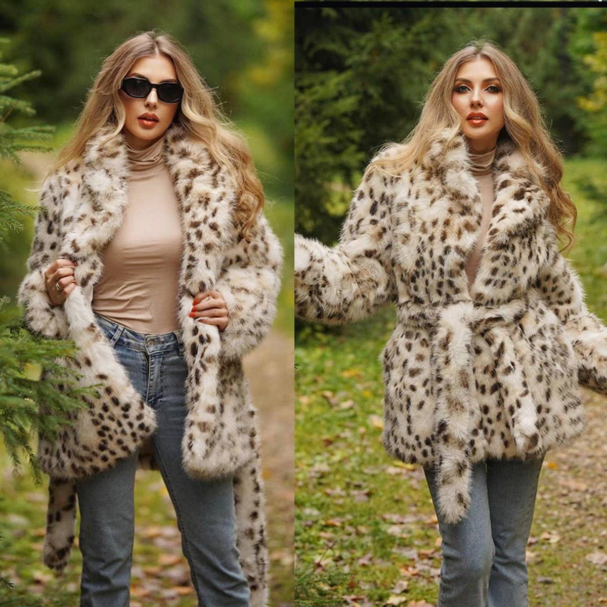 Leopard Faux Fur Belted Coat Women Mid Length