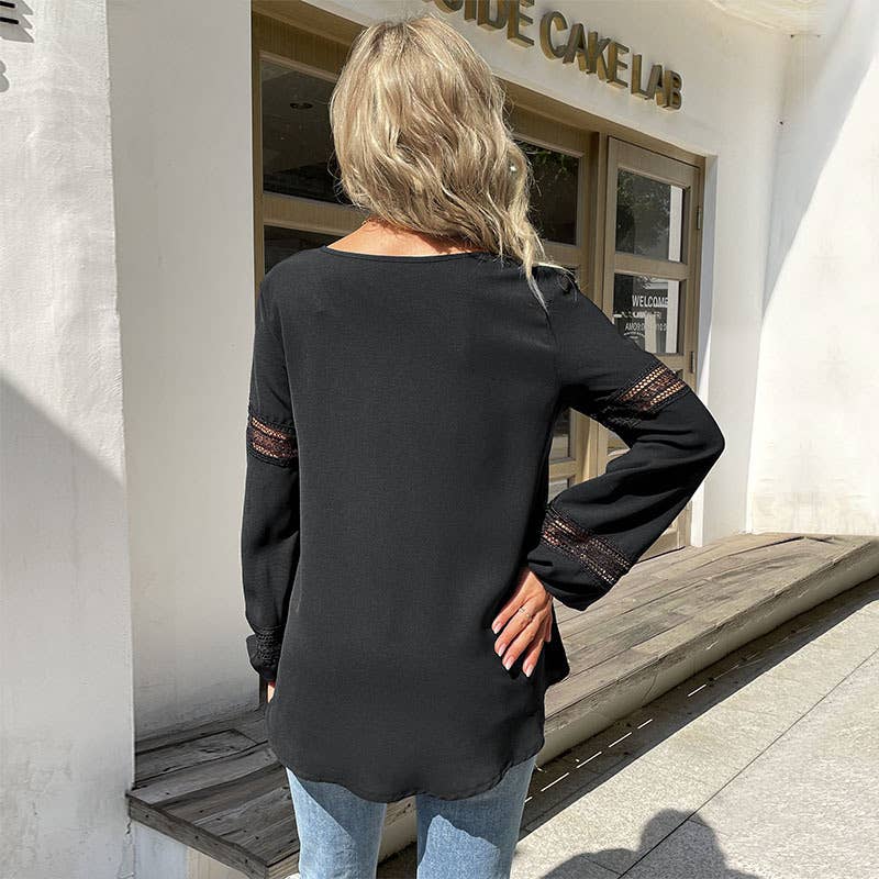 Round-neck lace patchwork cutout shirt