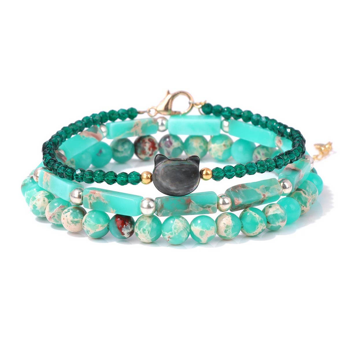 CWAJE4229_STONE BEADS SHELL CAT HEAD THREE-PIECE BRACELET