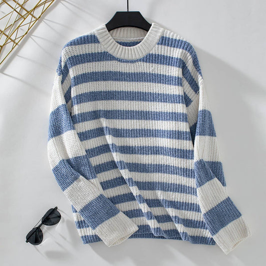 Stylish striped color-matching chenille pullover