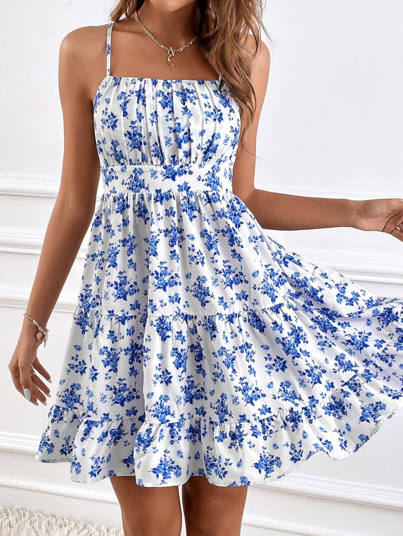 Waist slimming floral sleeveless halter dress